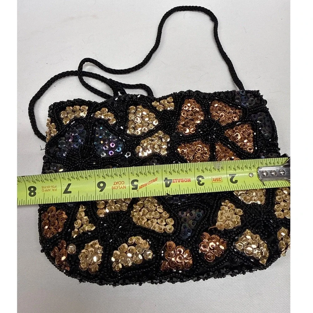 Vintage Beaded Sequin Evening Bag Black Gold Bronze Geometric Mosaic Clutch